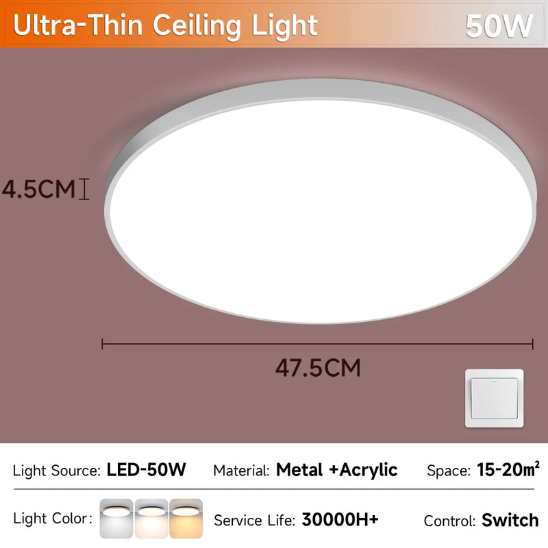 Plafonnier Cuisine LED Rond Grain de Bois Ultra-Plat, 18 à 50 W, 4 Finitions
