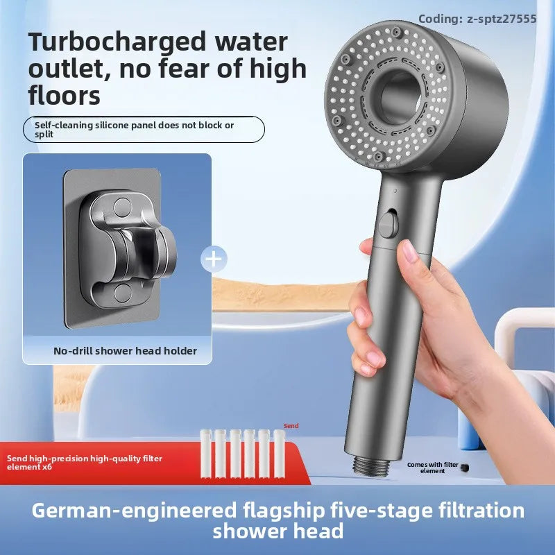Pommeau de Douche Haute Pression 5 Modes avec 6 Filtres Gris, Blanc ou Bleu
