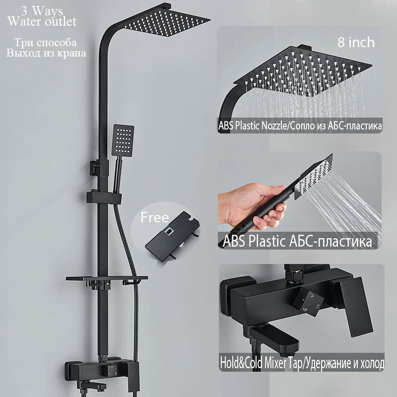 Colonne de Douche Réglable 73 à 116 cm avec Étagère, Noir, Chromé ou Doré