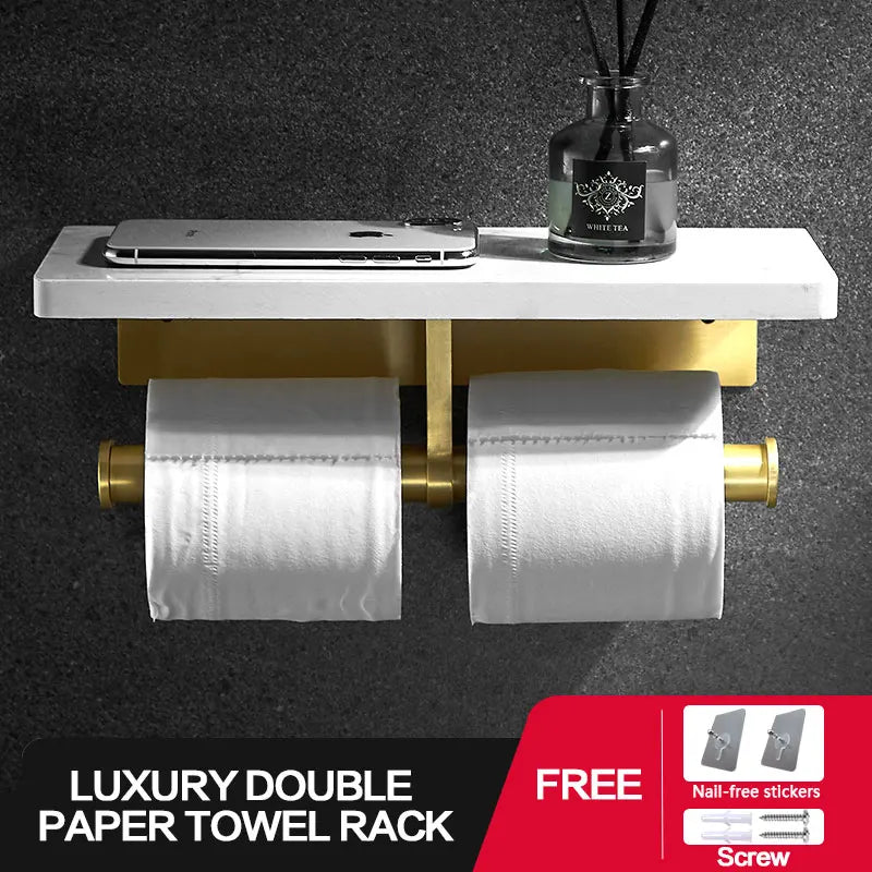 Porte-Papier Toilette Mural avec Tablette Marbre et Aluminium Doré