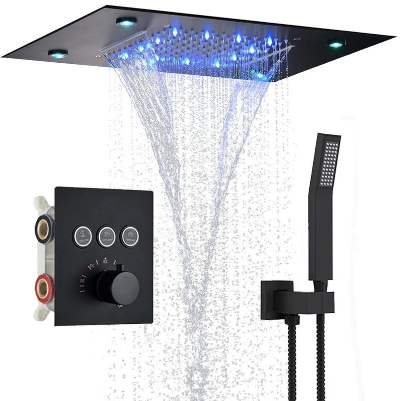 Douche Encastrable Thermostatique 3 Boutons, Plafond LED Pluie et Cascade
