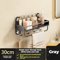 Étagère Salle de Bain Inox Gris Anthracite, Sans Perçage, Barre en Option