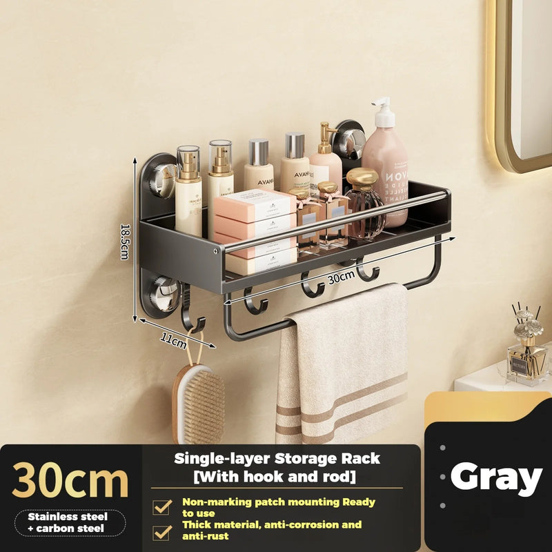 Étagère Salle de Bain Inox Gris Anthracite, Sans Perçage, Barre en Option