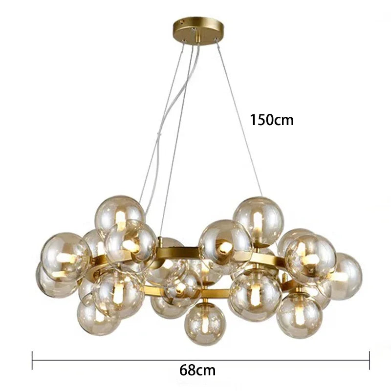 Lustre Suspension Cuisine Bulles de Verre, Cercle Doré, 15 à 25 Globes