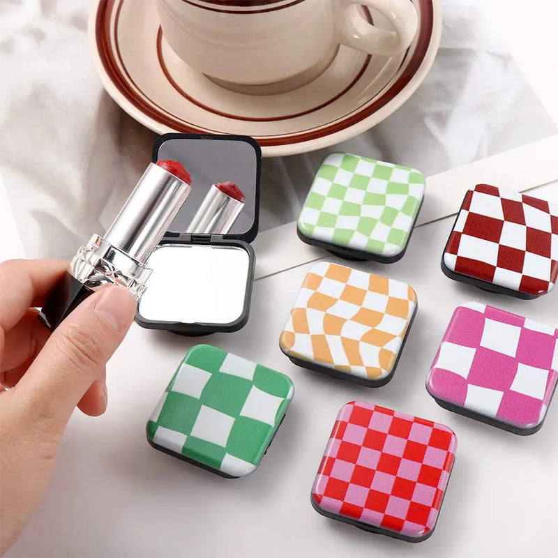 Miroir de Poche Carré Damier avec Poignée Support de Téléphone, 10 Motifs