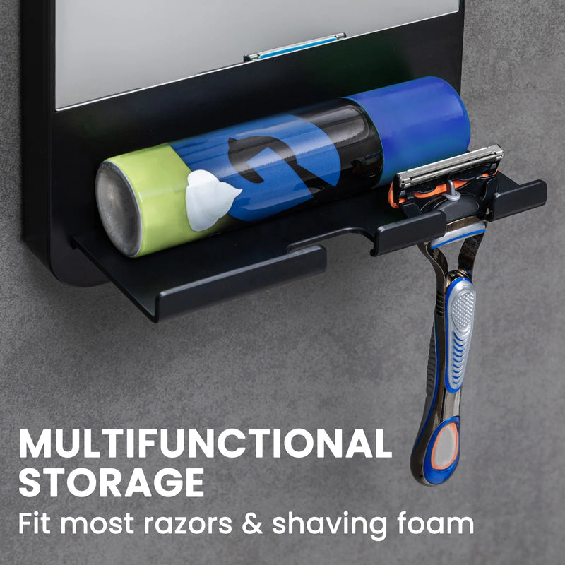Miroir de Douche Anti-Buée Noir avec Support Rasoir, Sans Perçage à Ventouse