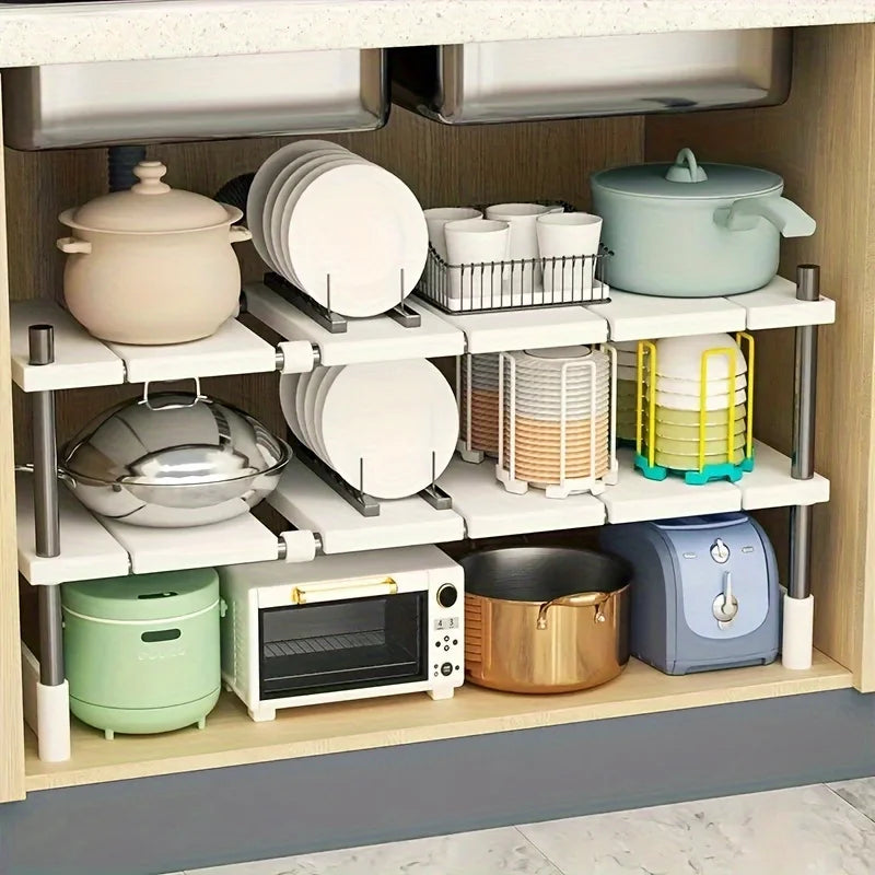 Support de Rangement Extensible Sous Évier, Cuisine et Salle de Bain, 1 ou 2 Niveaux