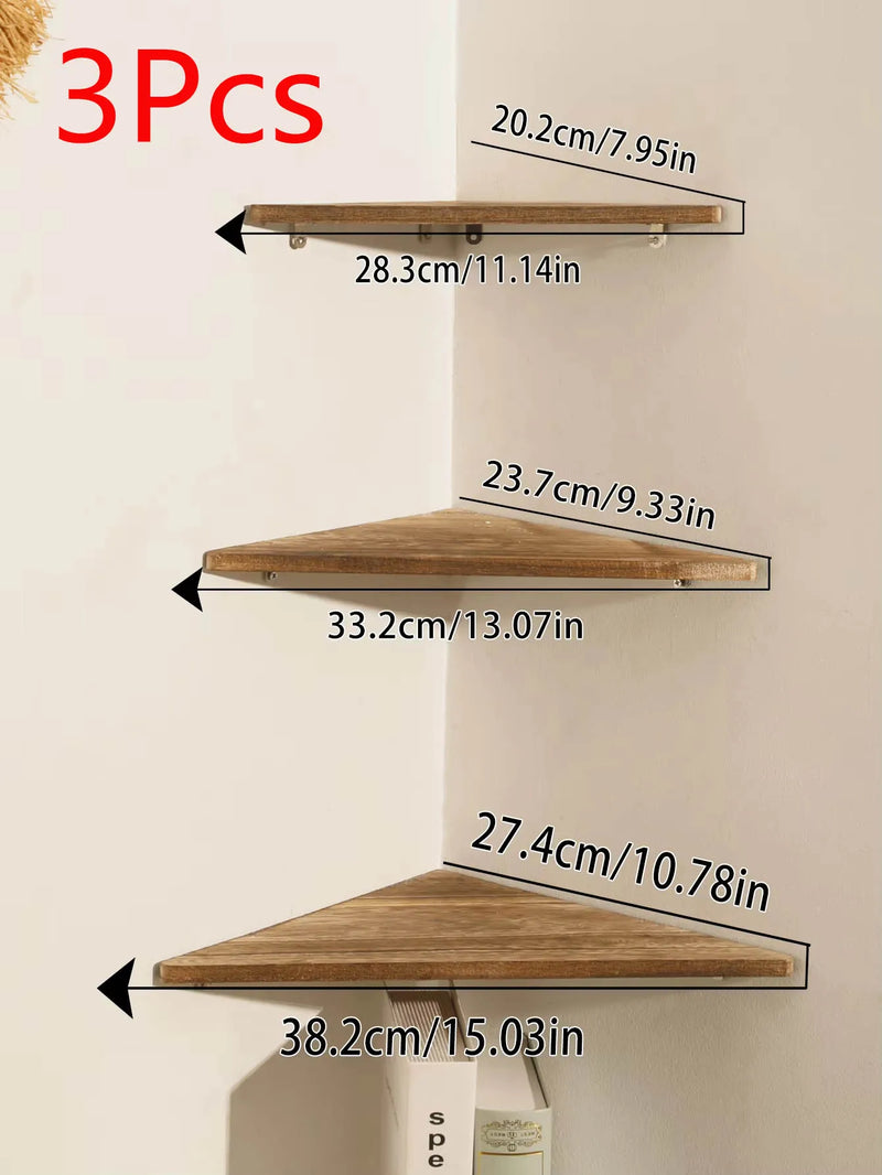 Étagère d'Angle Murale en Bois Brûlé, Étagère Seule ou Lot de 3