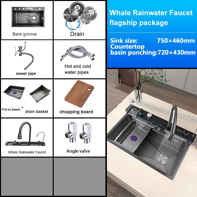 Évier de Cuisine Inox 1 Bac avec Robinet Cascade, 68 à 88 cm