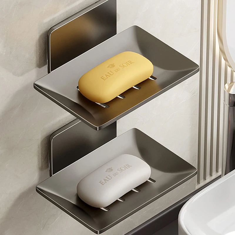Porte-Savon Mural Inox Sans Perçage avec Plateau Égouttoir, Lot de 1 ou 2