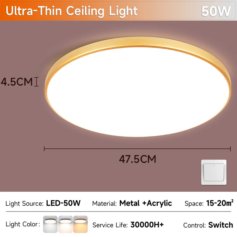 Plafonnier Cuisine LED Rond Grain de Bois Ultra-Plat, 18 à 50 W, 4 Finitions