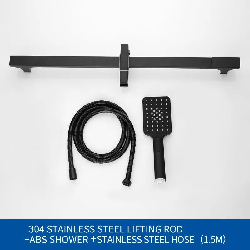 Barre de Douche Coulissante Noir Mat, Douchette Carrée 3 Jets et Flexible