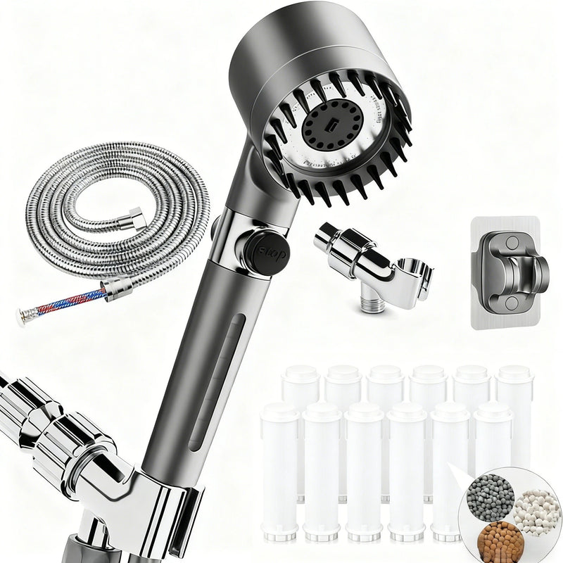 Kit Pommeau de Douche Gris 3 Modes, 12 Filtres et 2 Supports