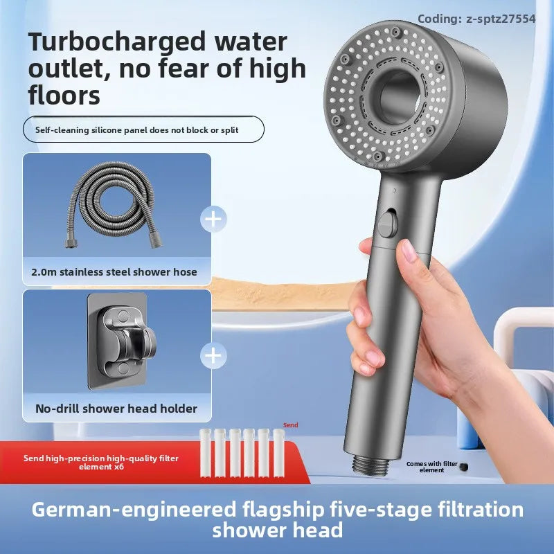 Pommeau de Douche Haute Pression 5 Modes avec 6 Filtres Gris, Blanc ou Bleu