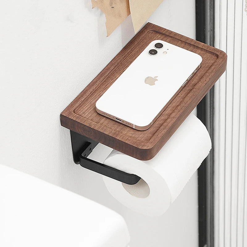 Porte-Papier Toilette Mural avec Tablette en Bois, Noir ou Blanc, 16 à 30 cm