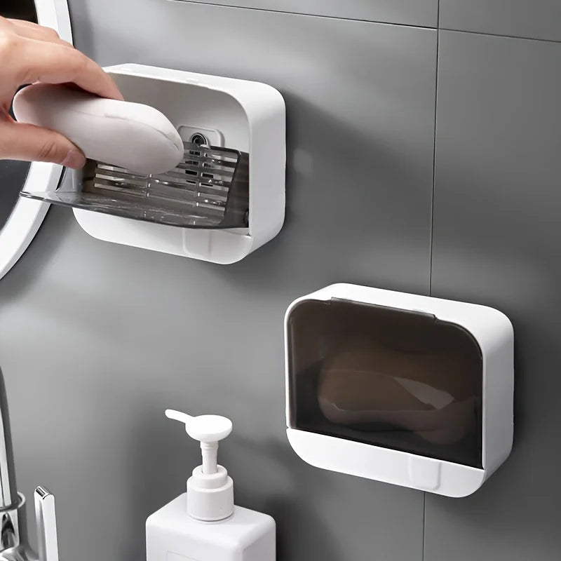 Porte-Savon Mural Sans Perçage à Couvercle Rabattable et Vidange, Blanc