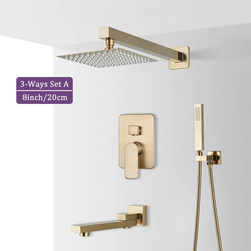 Douche Encastrable Or Brossé 2 ou 3 Voies, Pommeau Carré 20 à 40 cm