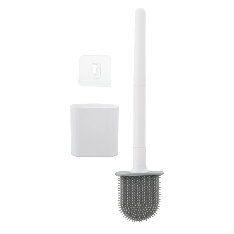 Brosse WC Silicone à Long Manche avec Support Mural Adhésif, Noir ou Blanc