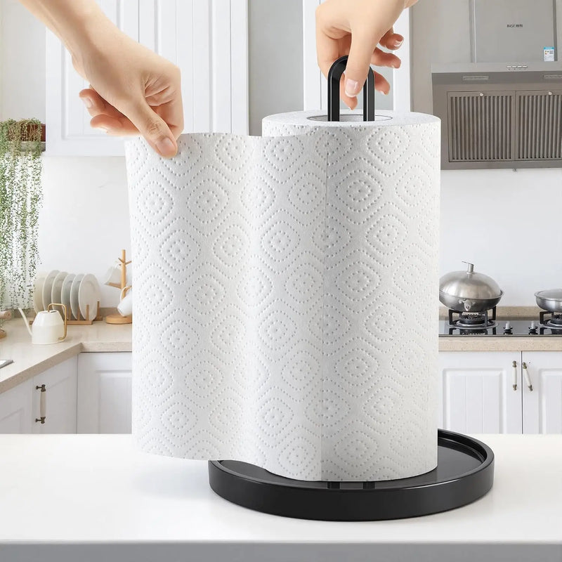 Porte-Essuie-Tout Noir Mat sur Pied en Acier, Base Antidérapante 31 cm