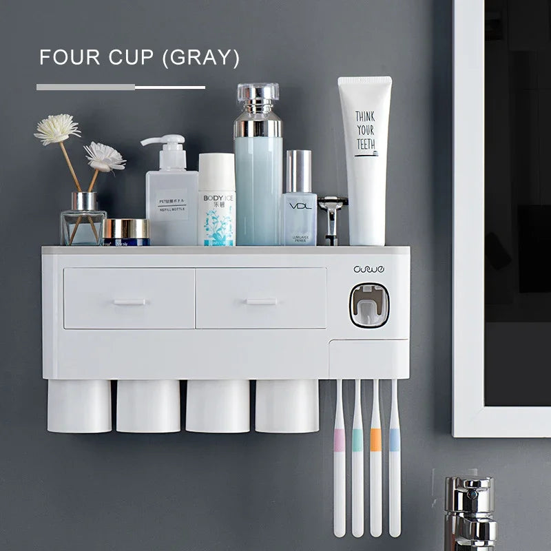 Porte-Brosse à Dents Mural Sans Perçage avec Distributeur de Dentifrice et Gobelets
