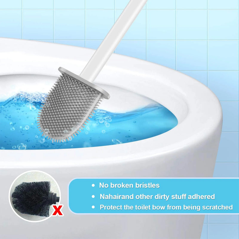 Brosse WC Silicone à Long Manche avec Support Mural Adhésif, Noir ou Blanc