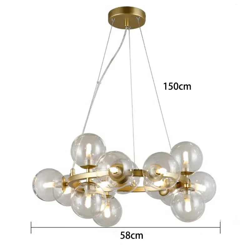 Lustre Suspension Cuisine Bulles de Verre, Cercle Doré, 15 à 25 Globes