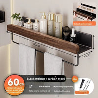 Étagère Murale Salle de Bain Noyer et Acier Noir, 30 à 60 cm, Sans Perçage