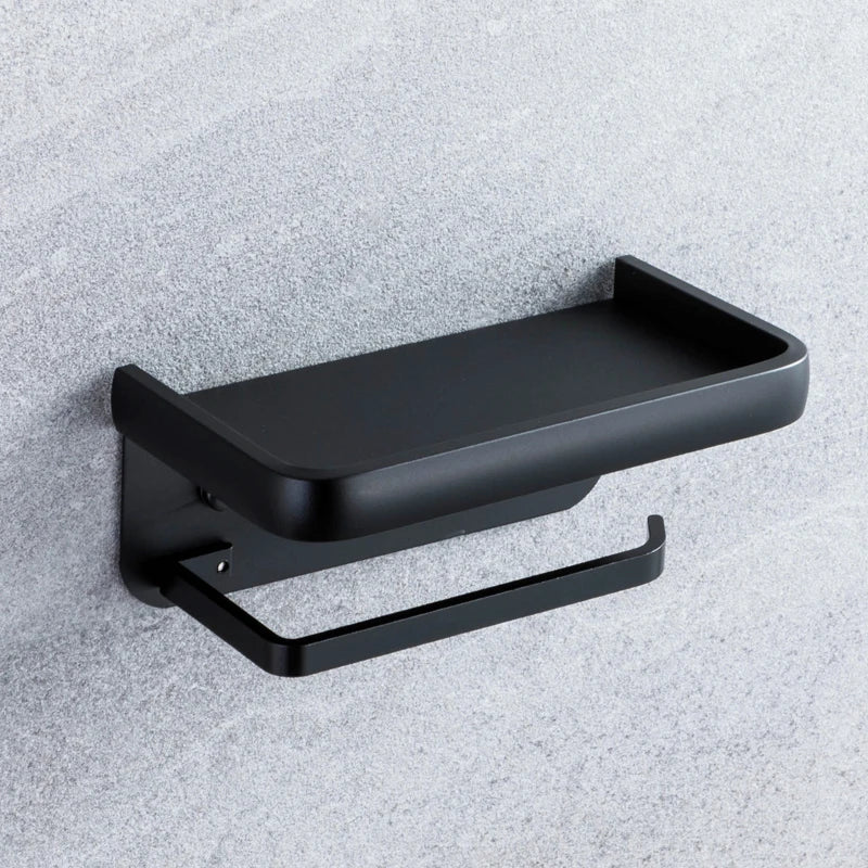 Porte-Papier Toilette Mural avec Tablette en Bois, Noir ou Blanc, 16 à 30 cm