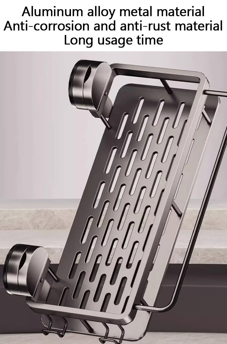 Étagère Salle de Bain Aluminium Gris à Ventouses, 1 ou 2 Plateaux