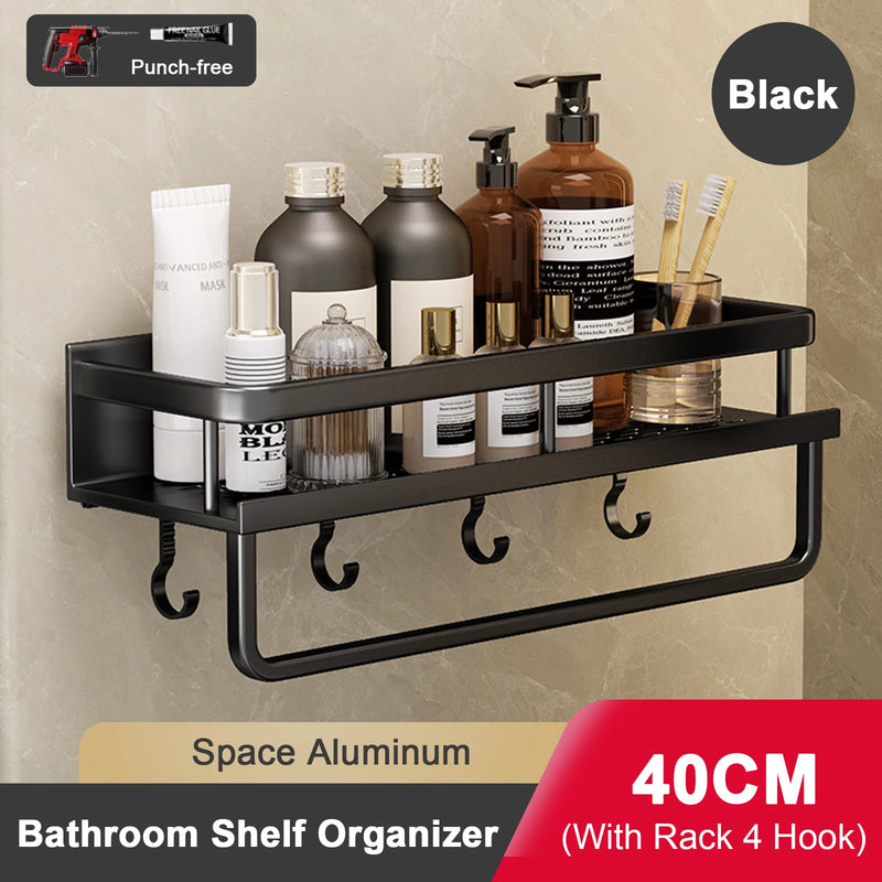 Étagère Salle de Bain Aluminium Sans Perçage Noir ou Gris avec Crochets, 30 à 50 cm