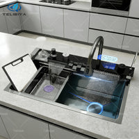 Évier de Cuisine Inox 304 Multifonction, Robinet Cascade, 68 à 100 cm