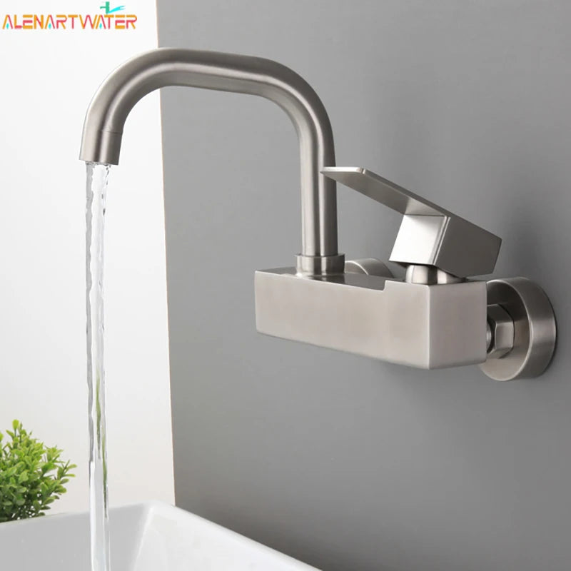 Robinet Mural Lavabo Nickel Brossé, Mitigeur Eau Chaude et Froide Bec Pivotant