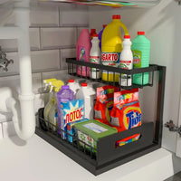 Rangement Sous Évier Coulissant 2 Niveaux Blanc ou Noir, Organisateur d'Armoire