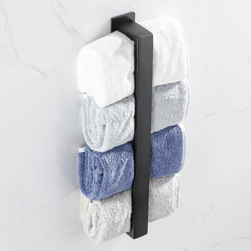 Porte-Serviette Adhésif Barre Plate Noir Mat ou Blanc 30 à 50 cm
