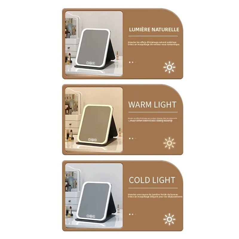 Miroir de Maquillage LED Tactile Pliant, Rose ou Blanc, 2 Tailles