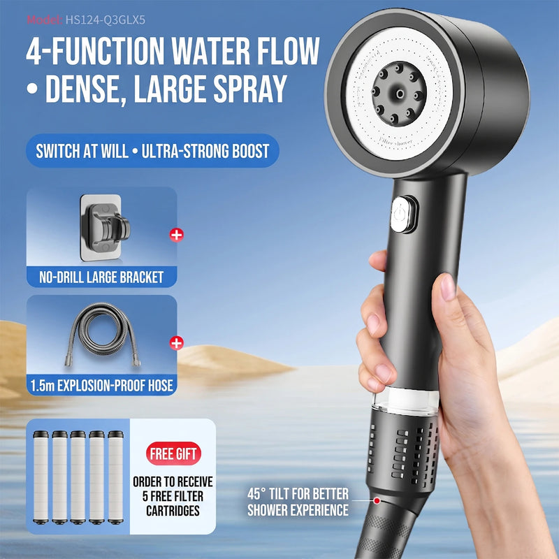 Pommeau de Douche Turbo Noir 4 Modes, 119 Micro-Orifices et 5 Cartouches