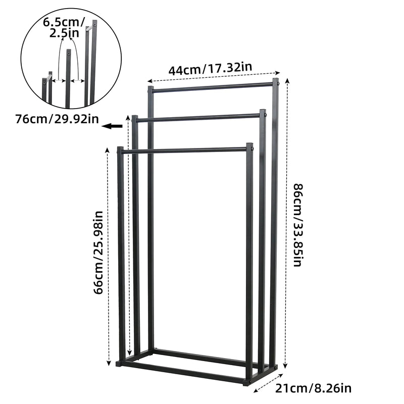 Porte-Serviette sur Pied Noir 3 Niveaux en Acier Autoportant