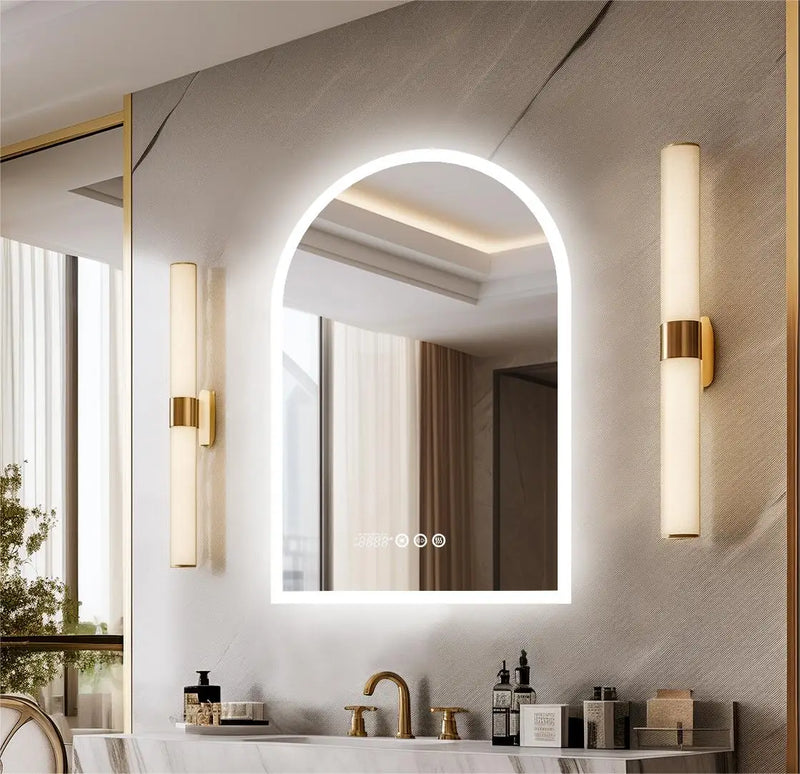 Miroir LED Salle de Bain Arche Anti-Buée avec Heure et Température