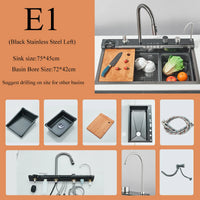 Évier Cuisine Inox Noir 1 Bac Cascade Rince-Verre, 60 ou 75 cm