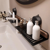 Étagère Lavabo Murale sans Perçage, Aluminium et Noyer, 40 à 60 cm