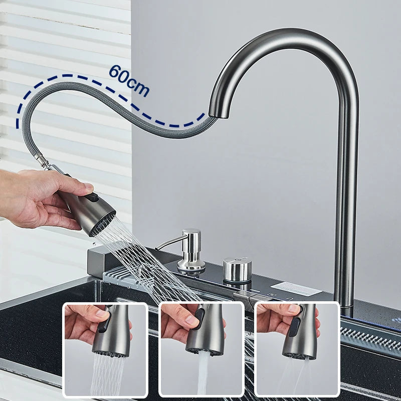 Évier Cuisine Inox 1 Bac Multifonction avec Robinet, 60 à 75 cm