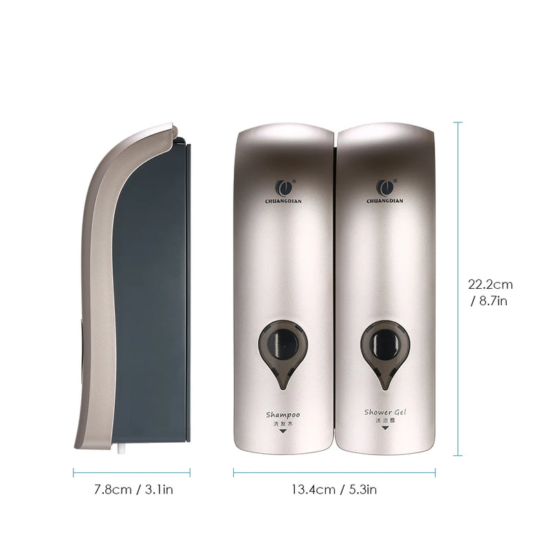 Distributeur de Savon Mural Double Tête 2 x 300 ml, Gris, Champagne ou Blanc