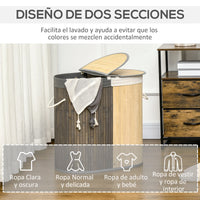 Panier à Linge Bambou 2 Compartiments avec Couvercles, 100 L, Gris et Bois