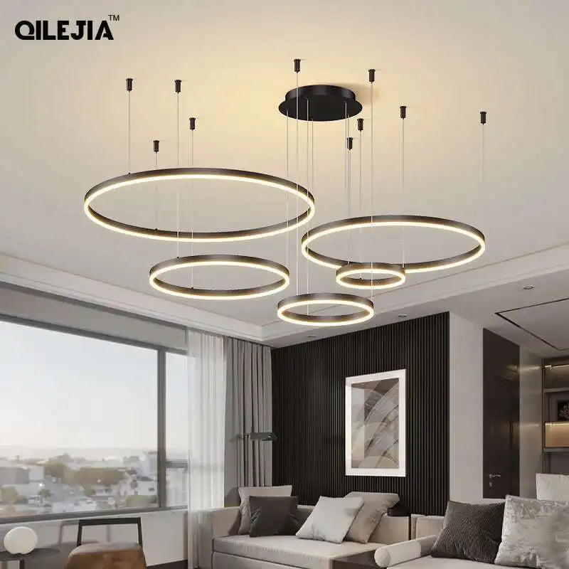 Suspension Cuisine Anneaux LED Design Moderne, Noir, Blanc ou Doré, 1 à 5 Anneaux