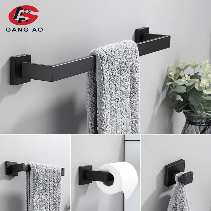 Accessoires Salle de Bain Noir Mat Carré Inox à la Pièce, 5 Articles