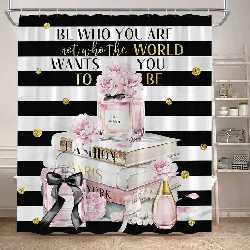 Rideau de Douche Flacon Parfum 180x180 cm et Tapis à la Pièce