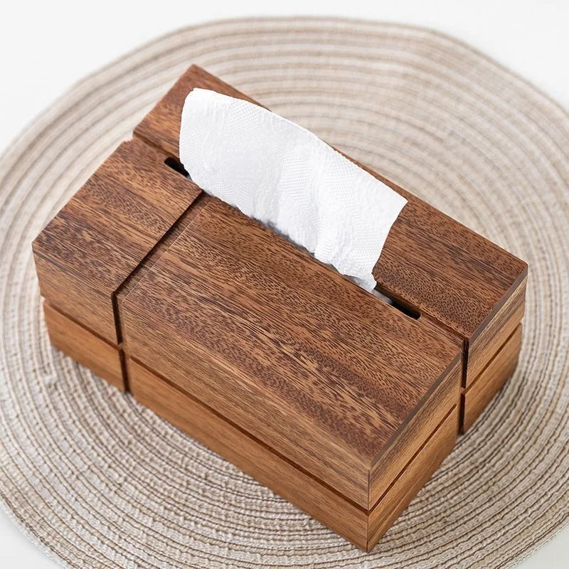 Boîte à Mouchoirs Rectangulaire en Noyer Massif à Rainures