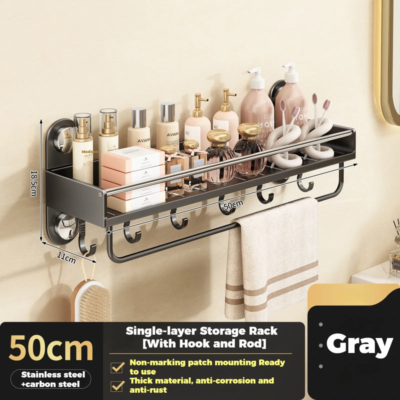 Étagère Salle de Bain Inox Gris Anthracite, Sans Perçage, Barre en Option