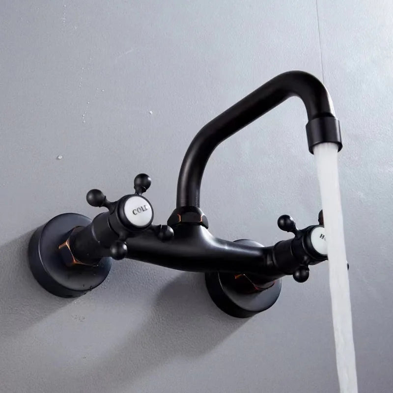Robinet Mural Lavabo à Croisillons en Laiton, Bec Haut Courbé, 3 Finitions