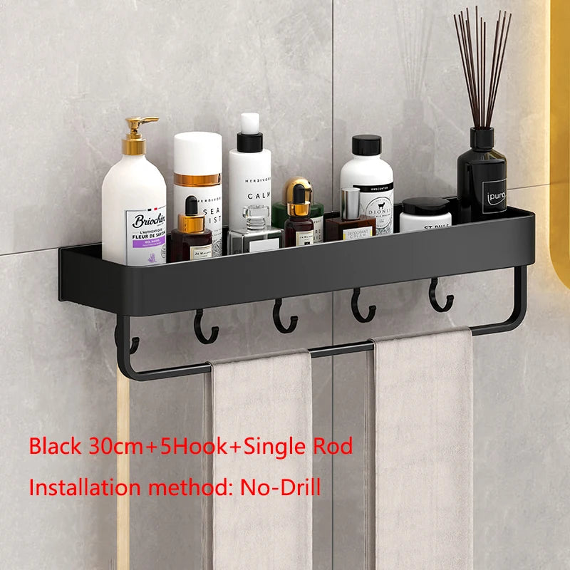 Étagère Salle de Bain Murale Aluminium Noir ou Gris, 30 ou 40 cm